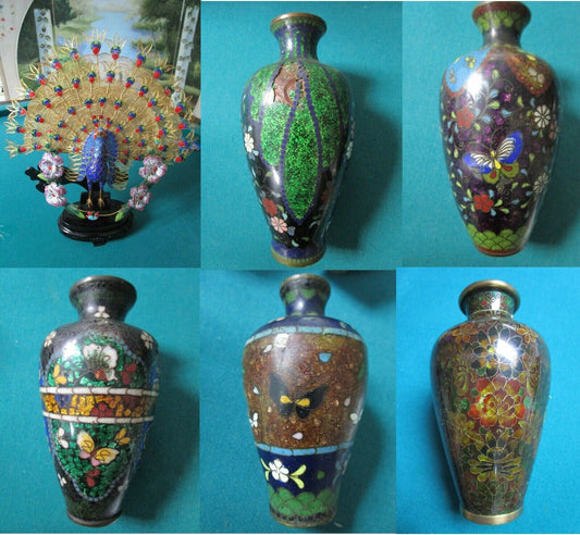 ANTIQUE CHINESE CLOISONNE MULTICOLOR VASES PEACOCK FILIGREE IN STAND- PICK ONE