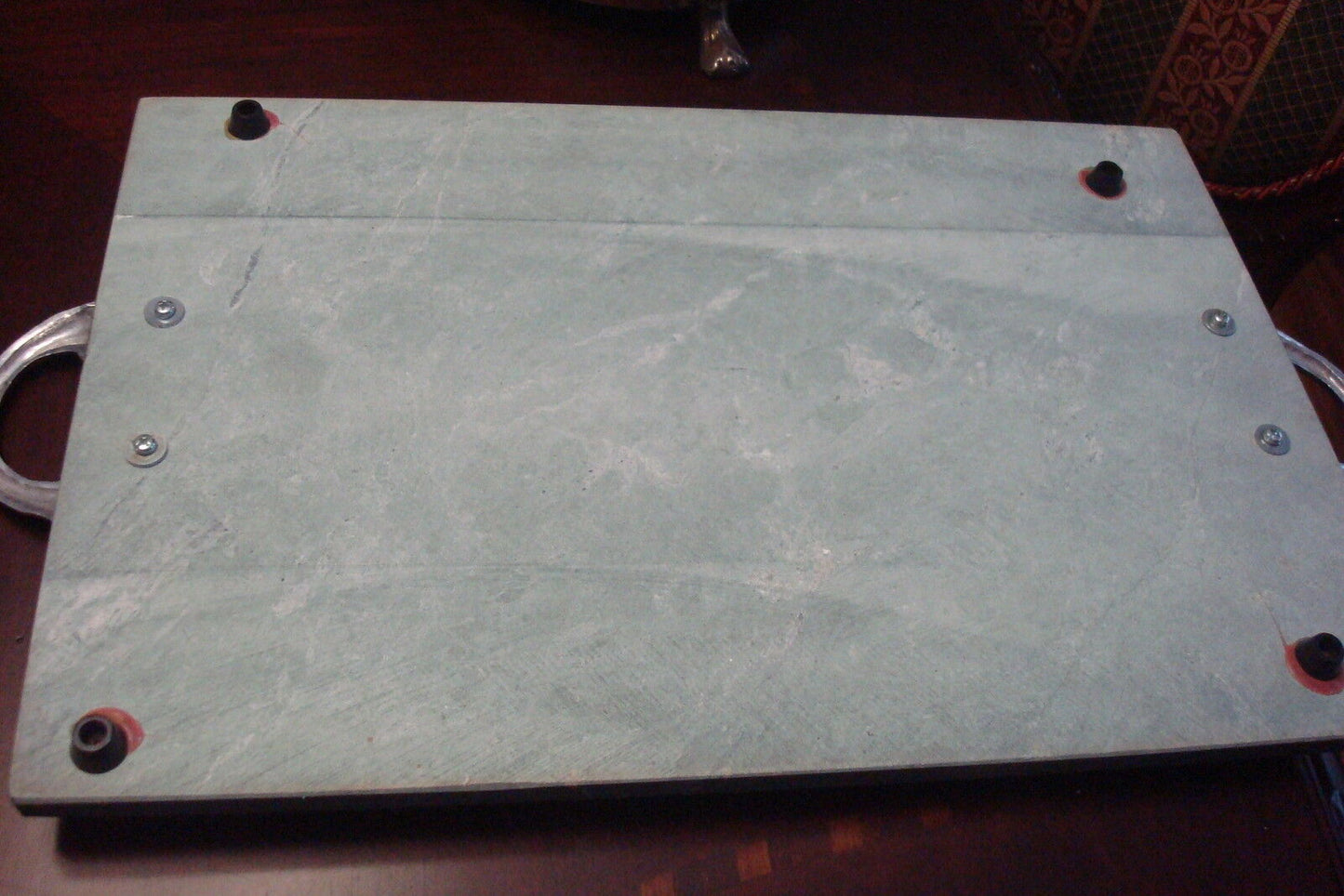 Vintage Cheese green  marble tray with silverplate engraved handles, 18"/12"[*]