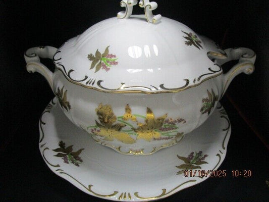 ZSOLNAY HUNGARY GRAND TUREEN GOLDEN IRIS 8 x 13" WITH UNDERPLATE 11" ^^[aC]