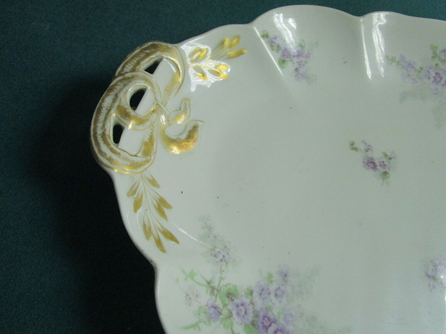 GDA FRANCE PORCELAIN LARGE TRAY TWO HANDLE GOLD FLOWERS 19X12 1/2"