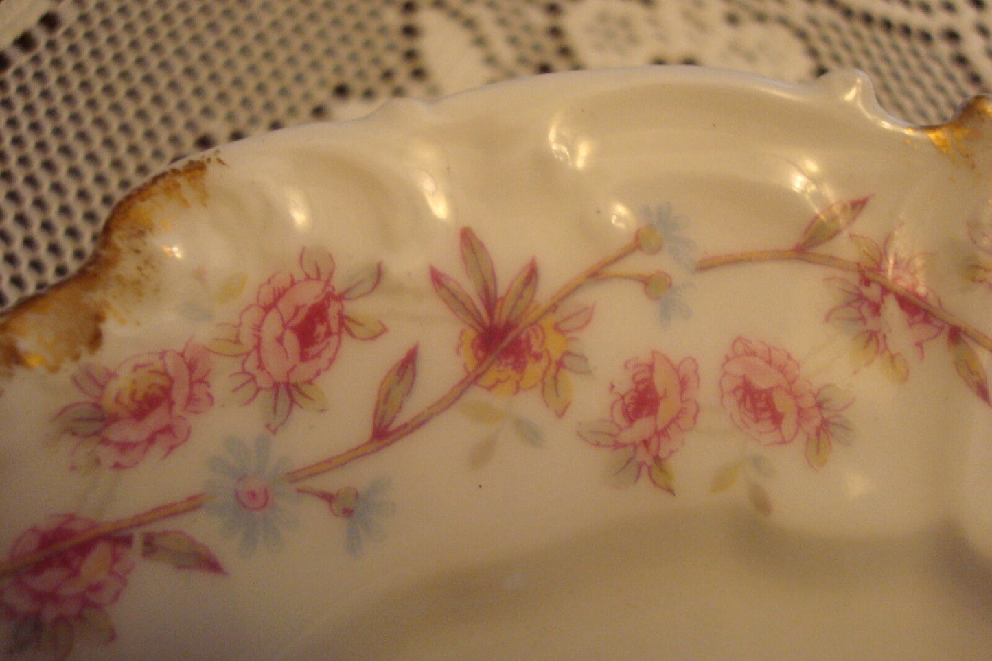 1900s France Limoges 6 bread plates MOLDED BORDERS, GOLD PINK FLOWERS GARLANDS