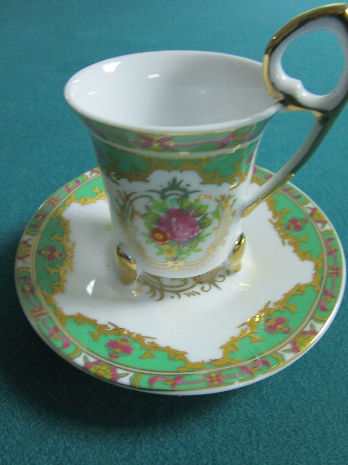 Tiger Yedi Inc coffee cup and saucer made in Japan, green and gold RARE