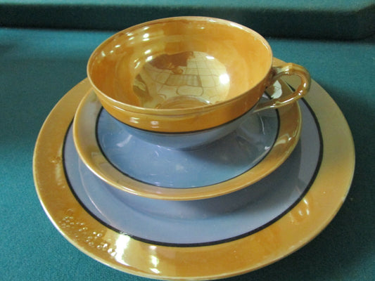 Lusterware Japan, orange/blue, TRIO set, cup/saucer/plate  [80B]