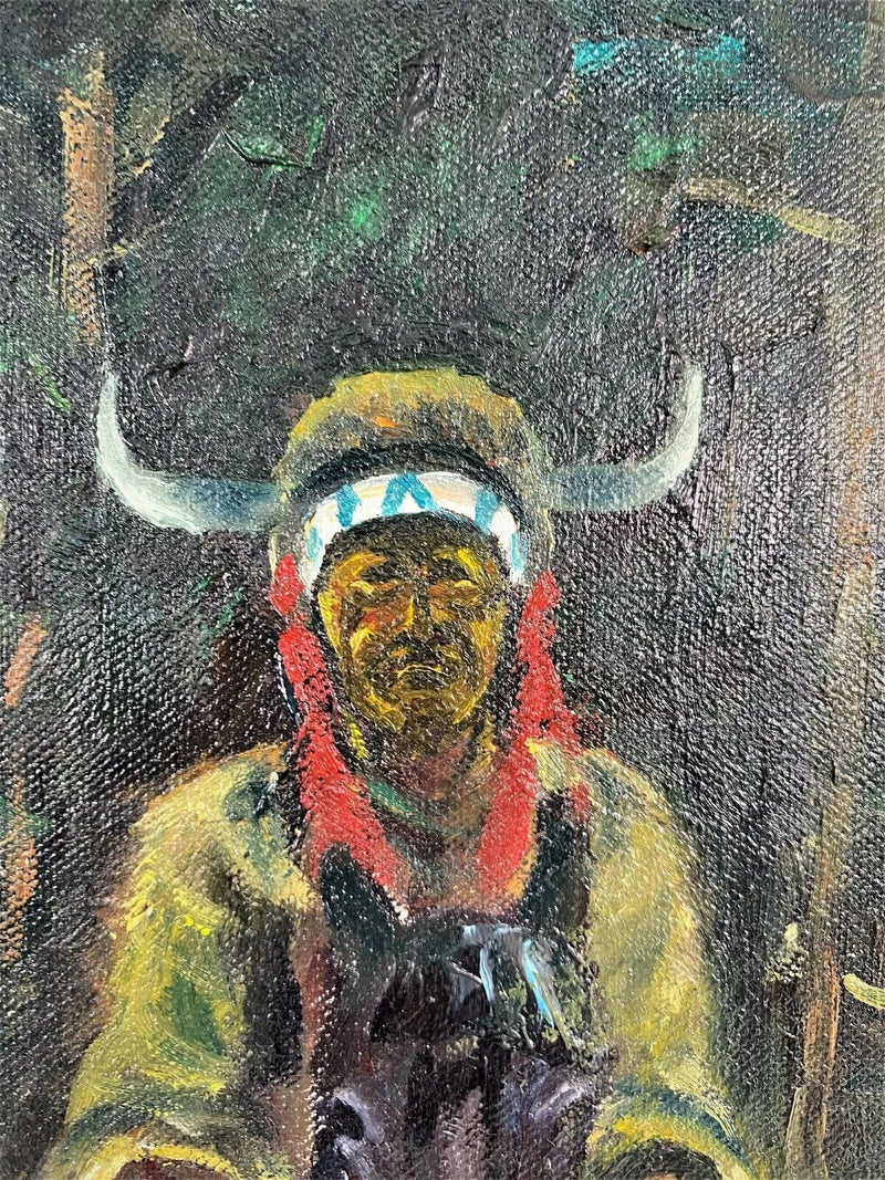 PAUL NEWCOMB AMERICAN INDIAN OIL PAINTED WARRIORS ON HORSE
