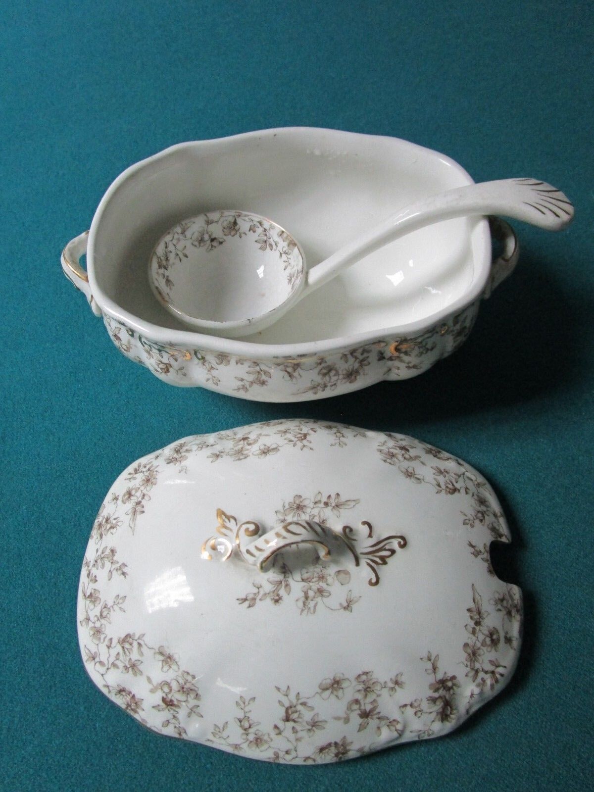 ANTIQUE 1880s Ridgways Royal Semi Porcelain MINI TUREEN SAUCE BOWL SPOON PLATE