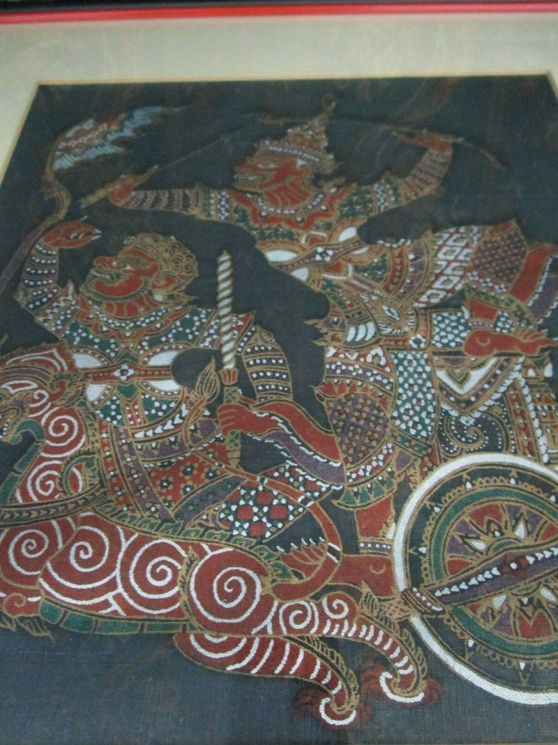 THAI KALAGA ART EMBROIDERED SILK WAR CHARRIOTS FRAMED PAINTING