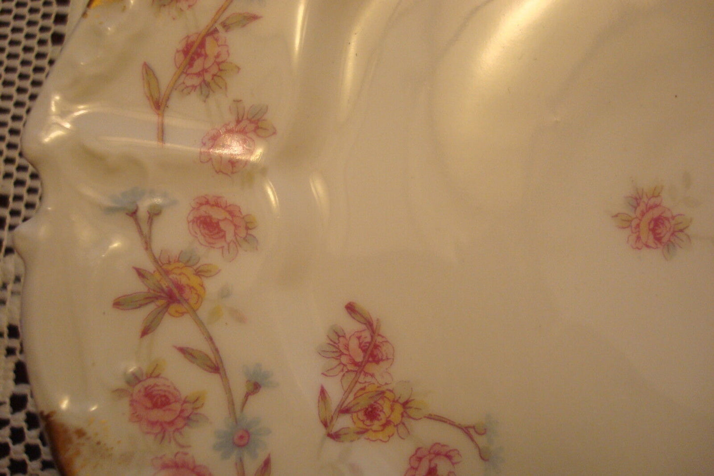 1900s France Limoges 6 bread plates MOLDED BORDERS, GOLD PINK FLOWERS GARLANDS