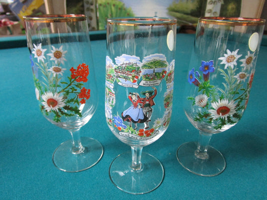 TK BAVARIA GERMANY THREE HAND PAINTED WINE GLASSES FLOWERS DANCING COUPLE SOUVEN