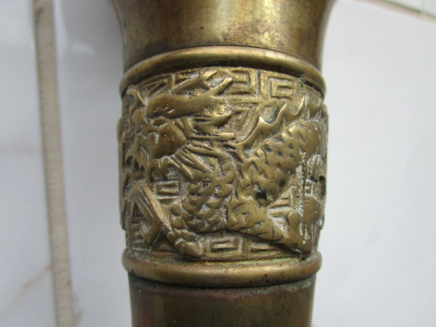 Antique Bronze standing pillar candle holder, made in China, dragon engravings