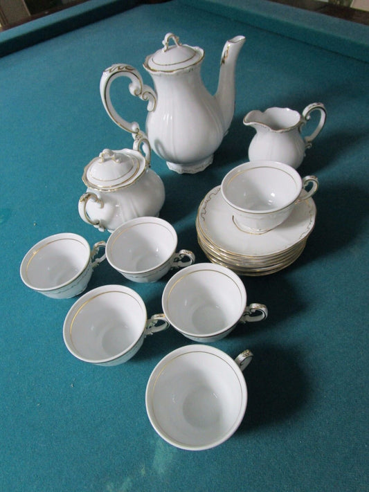 ZSOLNAY HUNGARY COFFEE SET 15 PCS  WHITE CREAM/GOLD ACCENT, 1960s [140H]