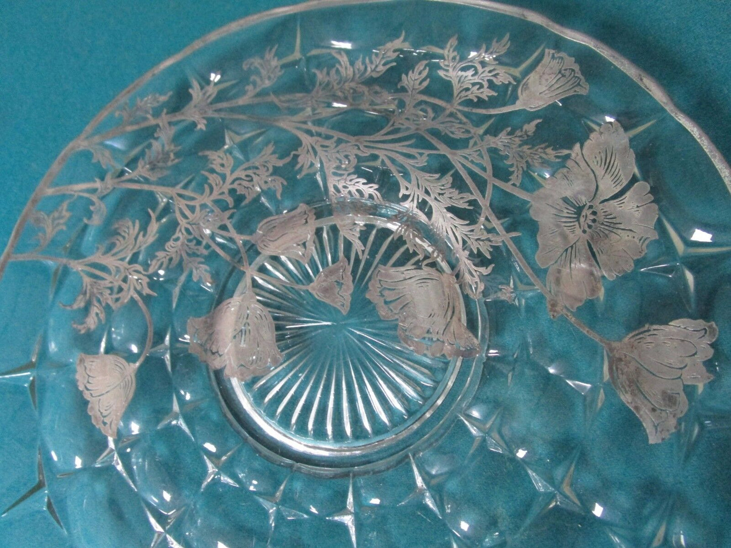 Silver City sterling overlay large round tray Flanders Poppies, 13" diam [a*5C]