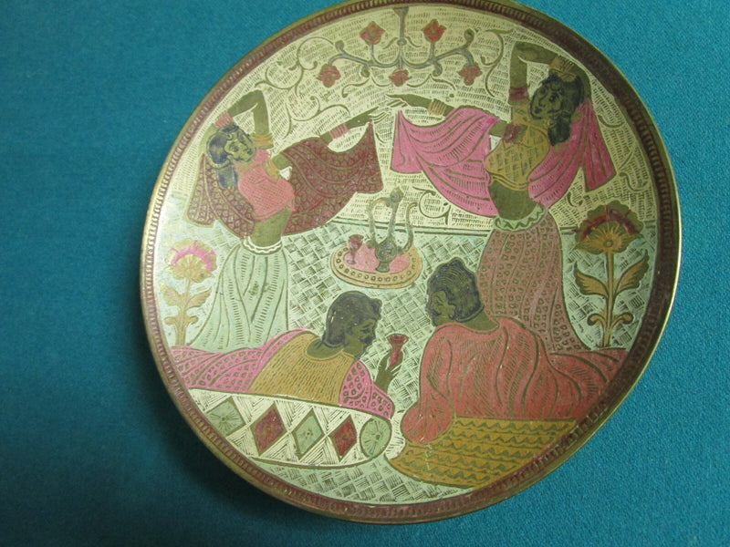 CLOISONNE METAL ENGRAVED WALL PLATE DANCING INDIAN GIRLS 8"