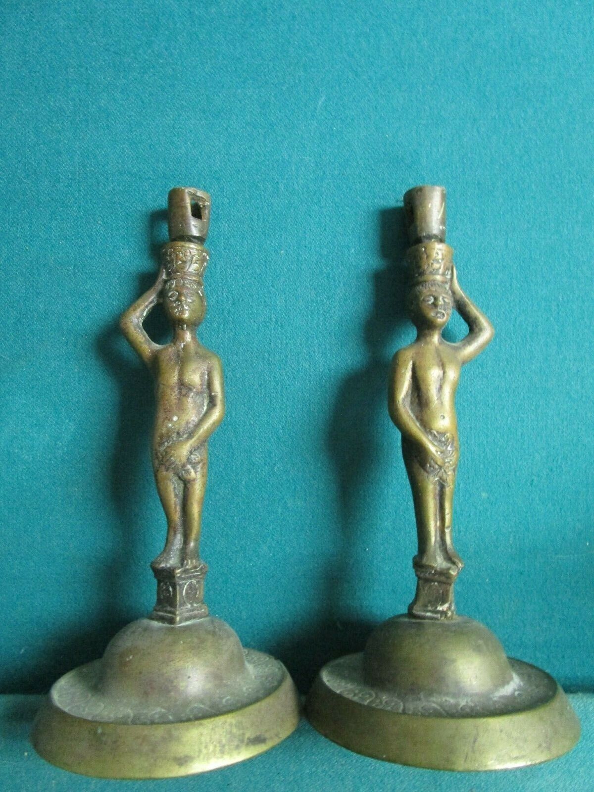 ANTIQUE BRASS EGYPTIAN NUBIAN PAIR CANDLEHOLDERS  NUDE WOMEN 9"