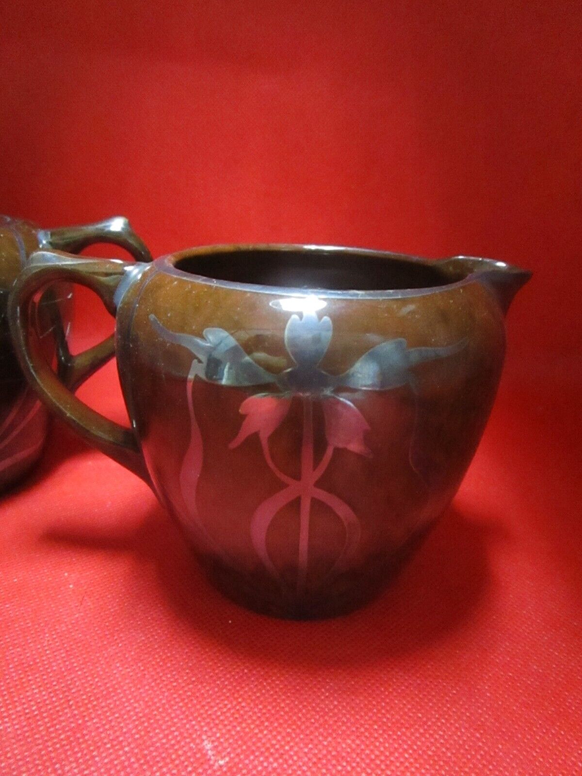 Brown Pottery sterling silver overlay creamer and sugar 4 1/2"