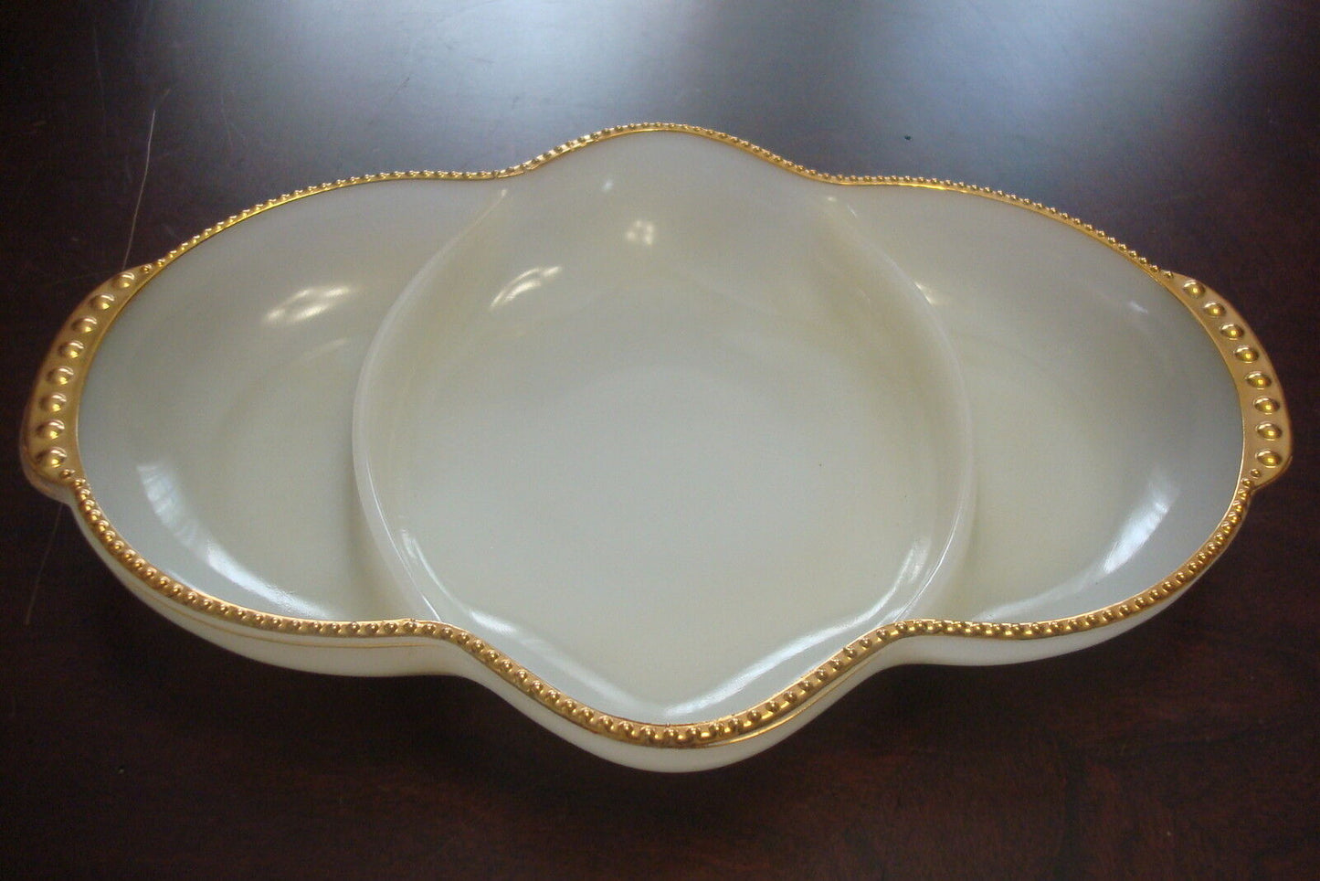 Vintage Fire-King Milk Glass Gold Trim 3-parts Divided Relish Dish USA '50s RARE