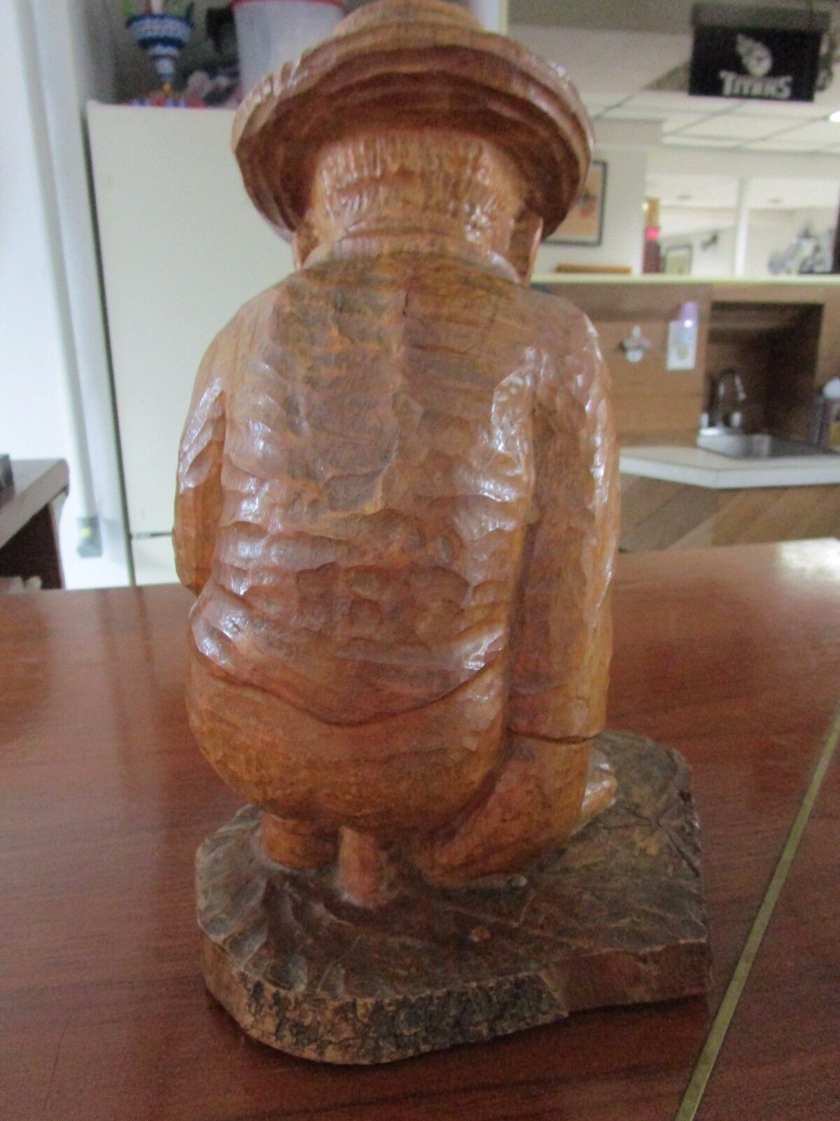 WOOD HAND CARVED sculpture Hispanic ARTIST, SIGNED "MM", POOPING MAN