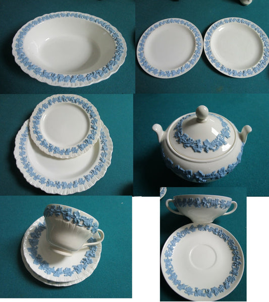 “Wedgwood"  Queensware white Lavender Plates Sugar Trio Cup/Saucer Soup ^