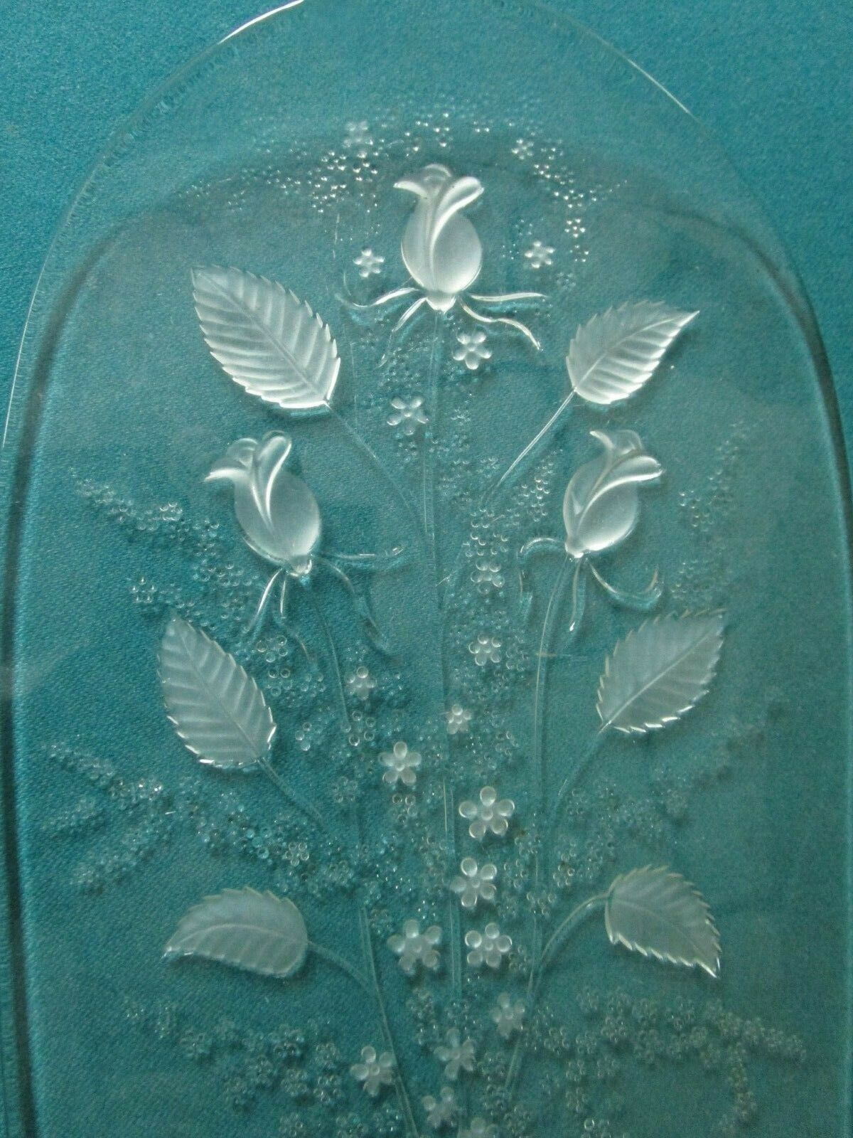 VICTORIAN GLASS TRAY ETCH RIBBONS AND FLOWERS 16" X 8"