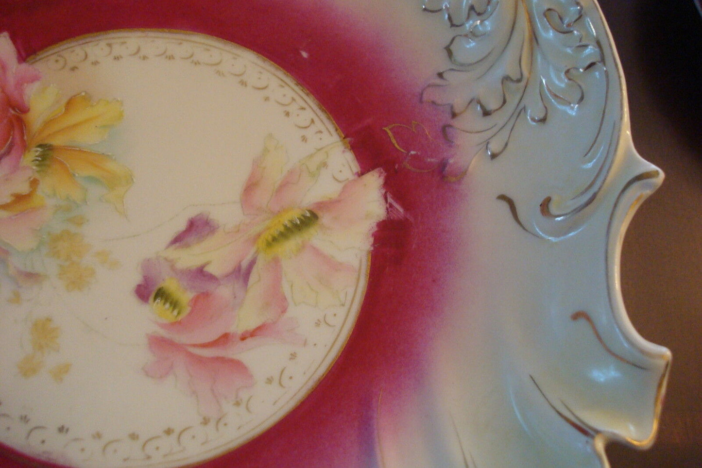 Unmarked German Platter (RS?) beautiful decorations with pink yellow orchids[B32