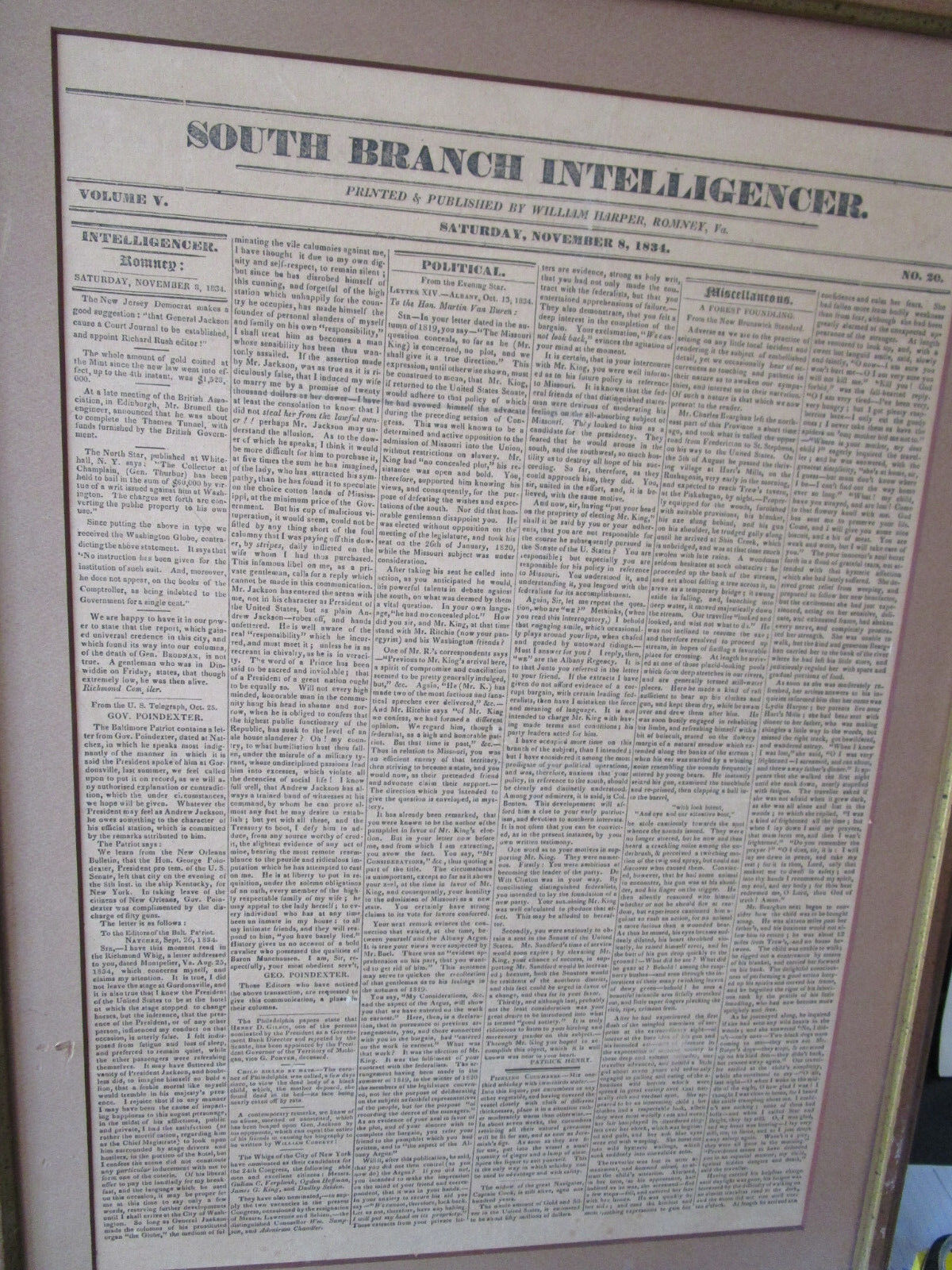 4 ANTIQUE 1830s FRAMED PAGES OF T"HE SOUTH BRANCH INTELLIGENCER"