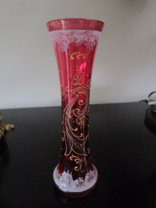 ZCHEKOSLOVAKIA BOHEMIA RED HANDPAINTED CRYSTAL FLOWER VASE8 1/2" TALL [*5]