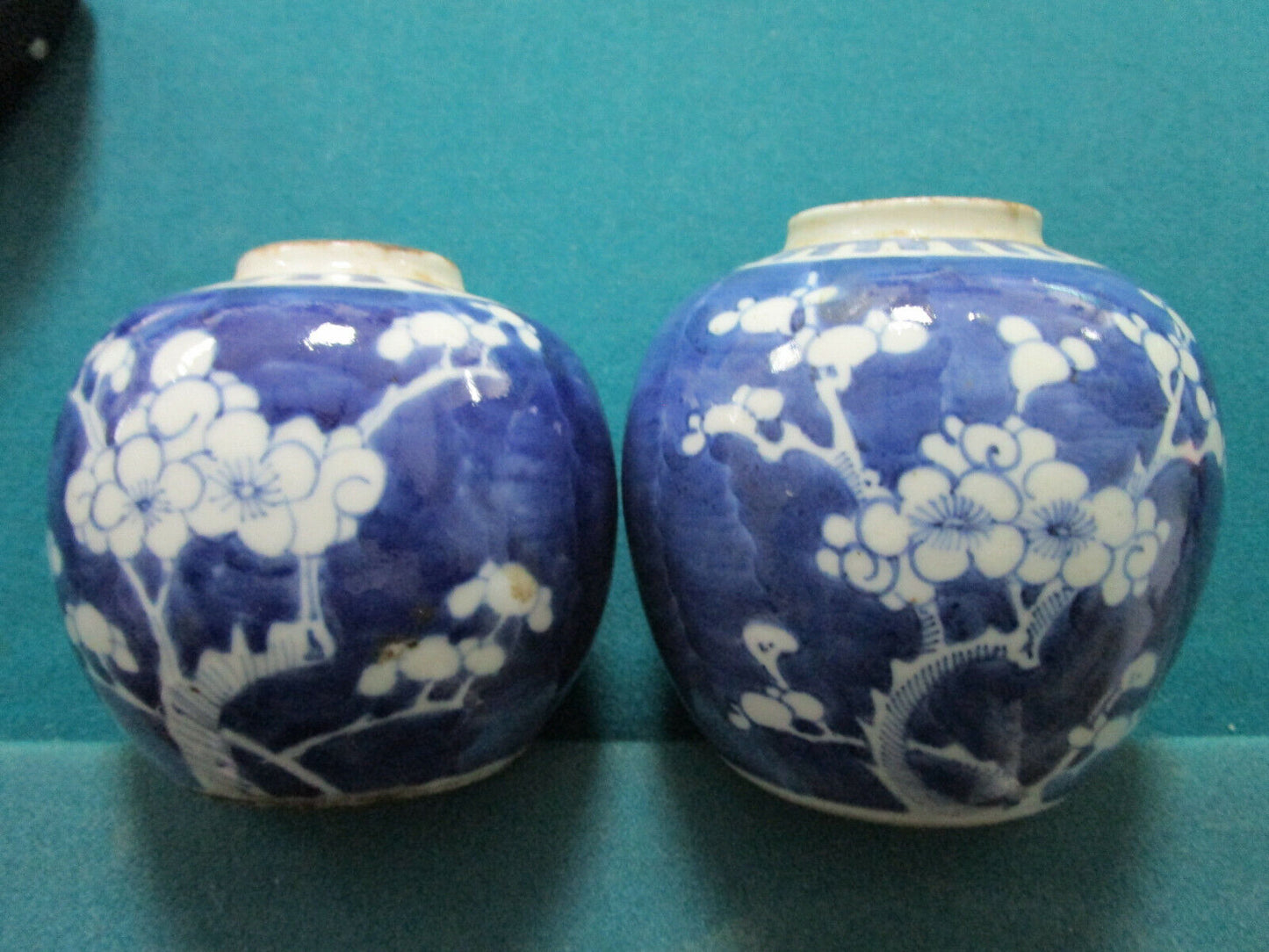 19th CENT CHINESE PRUNUS PAIR GINGER JARS NO LID USED AS INCENSE HOLDER