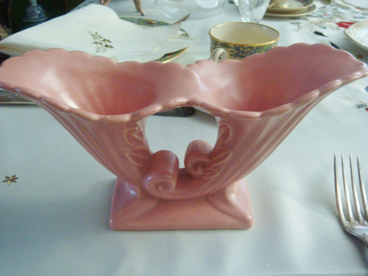 VINTAGE ABINGDON ART POTTERY PINK DOUBLE CORNUCOPIA  PLANTER VASE*