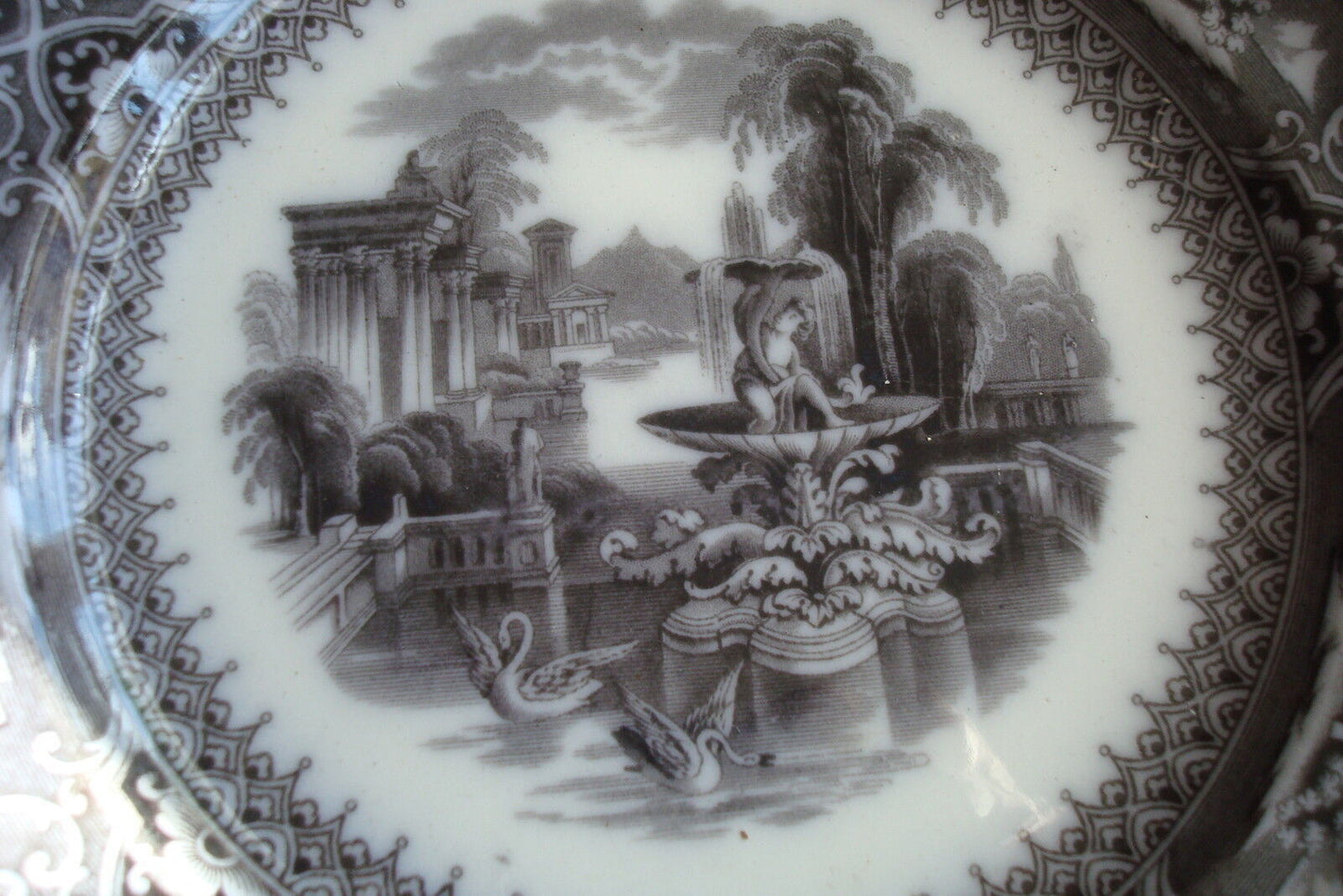 Antique Adams & Sons blackware plate "Athens" pattern, 9 1/2" diam[BP7]