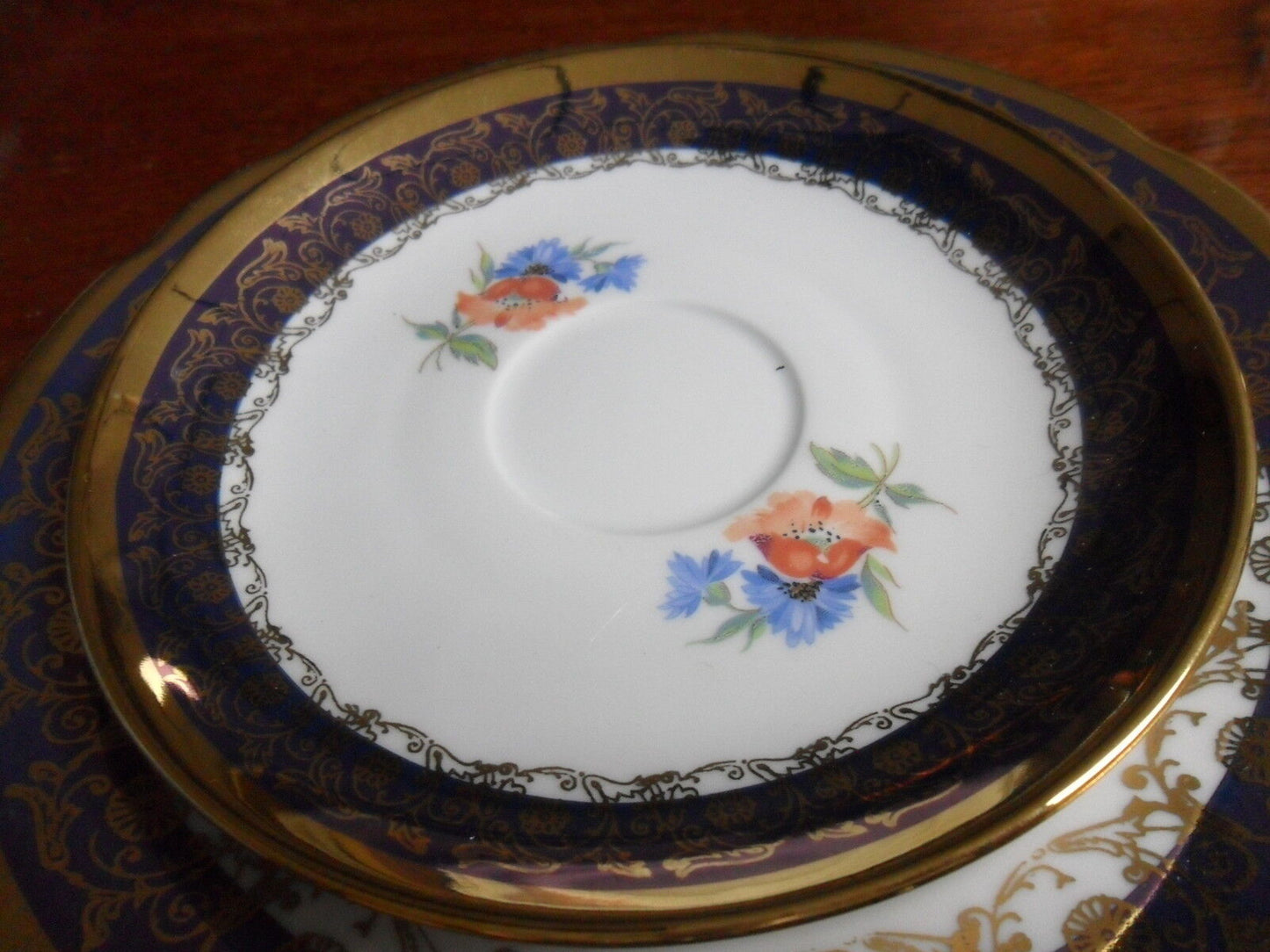 Vintage  gold cobalt and flowers trio cup, saucer and plate gorgeous[60k]