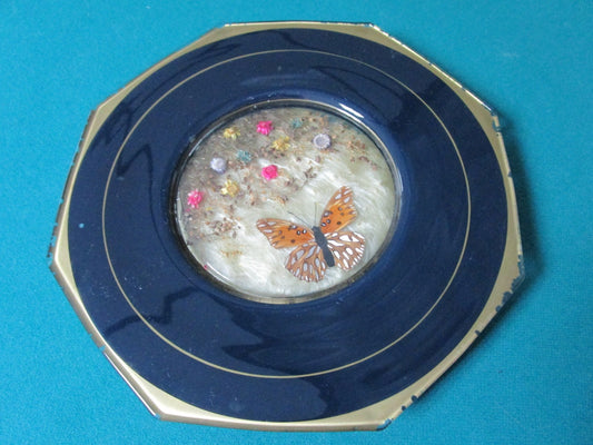 Glass Plate Center Shadow Box Butterfly And Dry Flowers 10" 6 Sides[*A1]