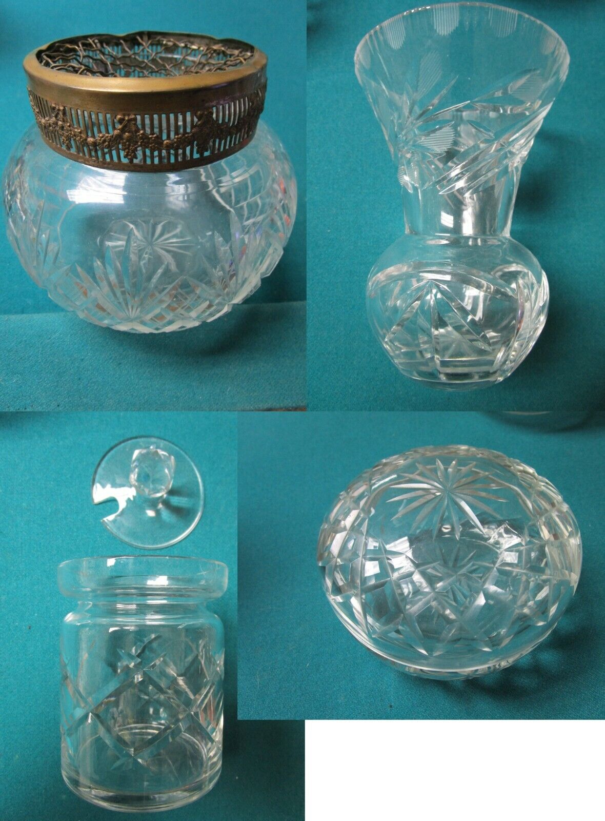 VICTORIAN GLASS FLOWER FROG VASE CRYSTAL CUT MUSTARD CONTAINER TRINKET BOX  PICK