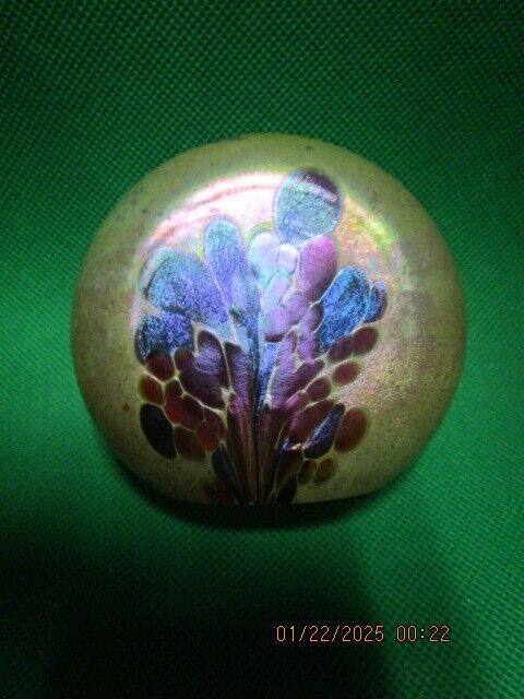 PAPERWEIGHT IRIDESCENT FLOWERS SIGNED 3 X 3 1/2" [PPWC]