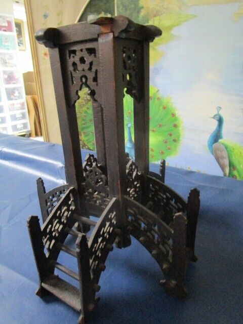 ANTIQUE /vintage Oriental WOOD CARVED INCENSE TOWER 12" TALL STAIRS BUILDING