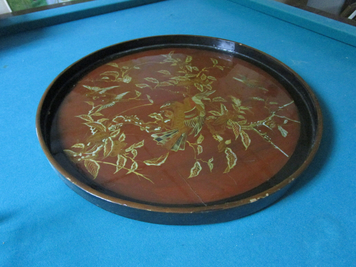 CHINESE LACQUER TRAY PLATTER 22" BIRDS