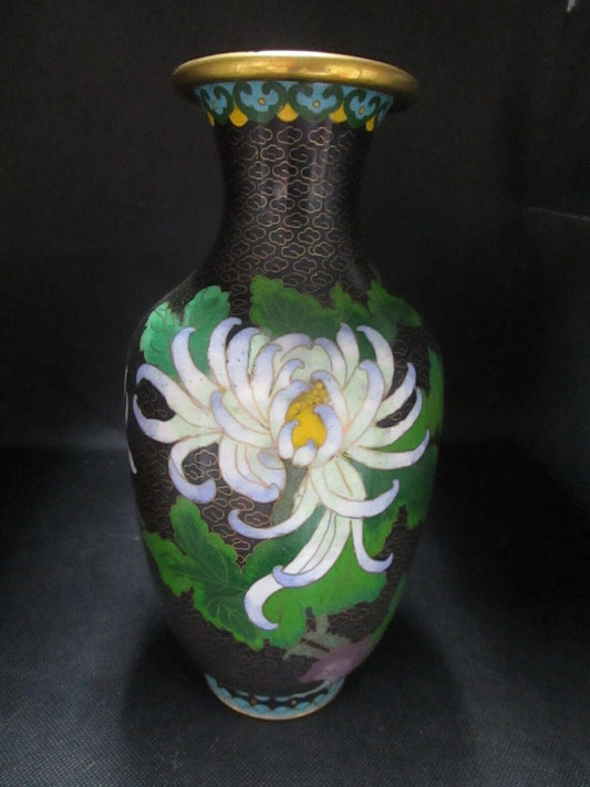 Vintage Chinese Coisonne Enamel Chrysanthemum on black and  Bluebird 9"