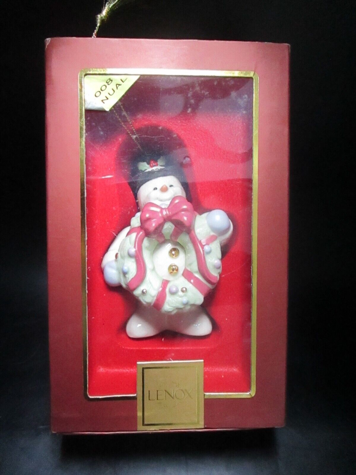 LENOX CHRISTMAS ORNAMENT ANNUAL 2008 SNOWMAN AND WREATH 4IN ^^