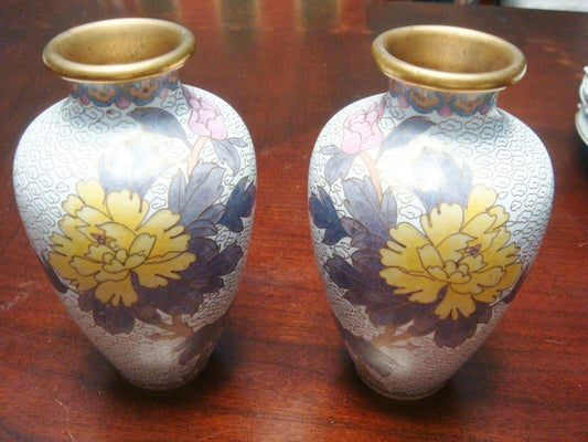 Vintage pair of Chinese Cloisonne vases pink and yellow Chrysanthemus  flowers