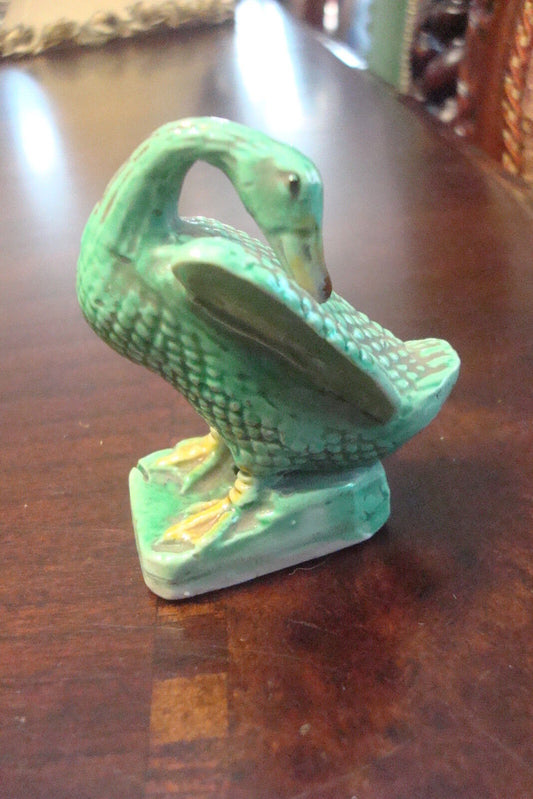 Antique Chinese Mud  Men Green Duck, 3" tall, c1900s[a8]