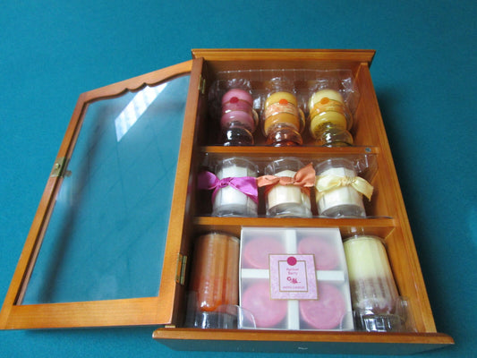 Aromatic Candles Set With Wooden Reusable Curio  Glass Doors 14 X 10 X 4" New