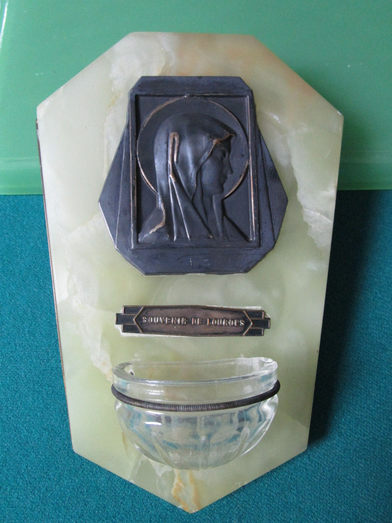 HOLY WATER FONT MARBLE GLASS AND BRASS FRENCH FROM LOURDES 7"