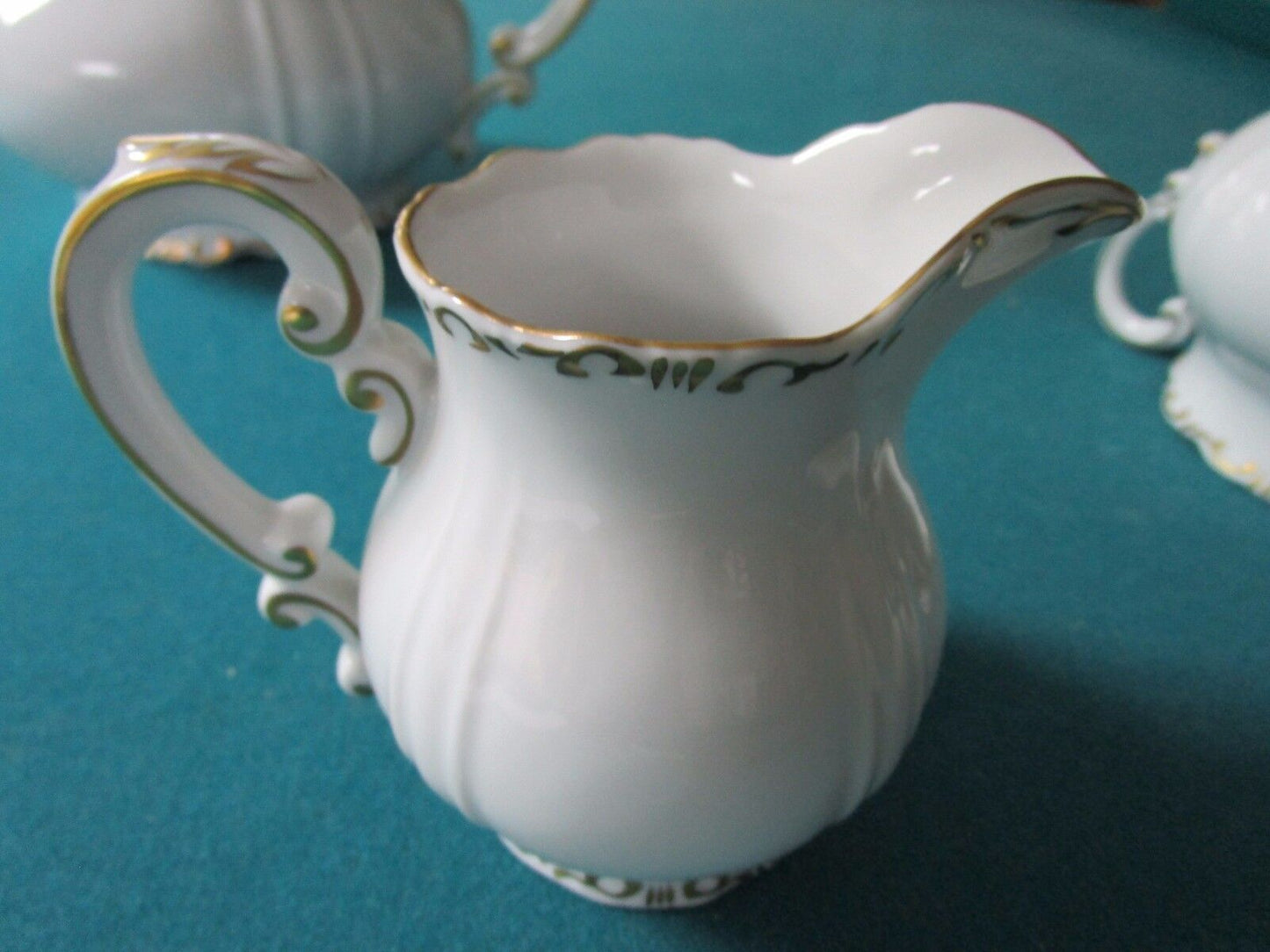 ZSOLNAY HUNGARY 2 PCS TEA SET  WHITE CREAM/GOLD ACCENT, 1960s