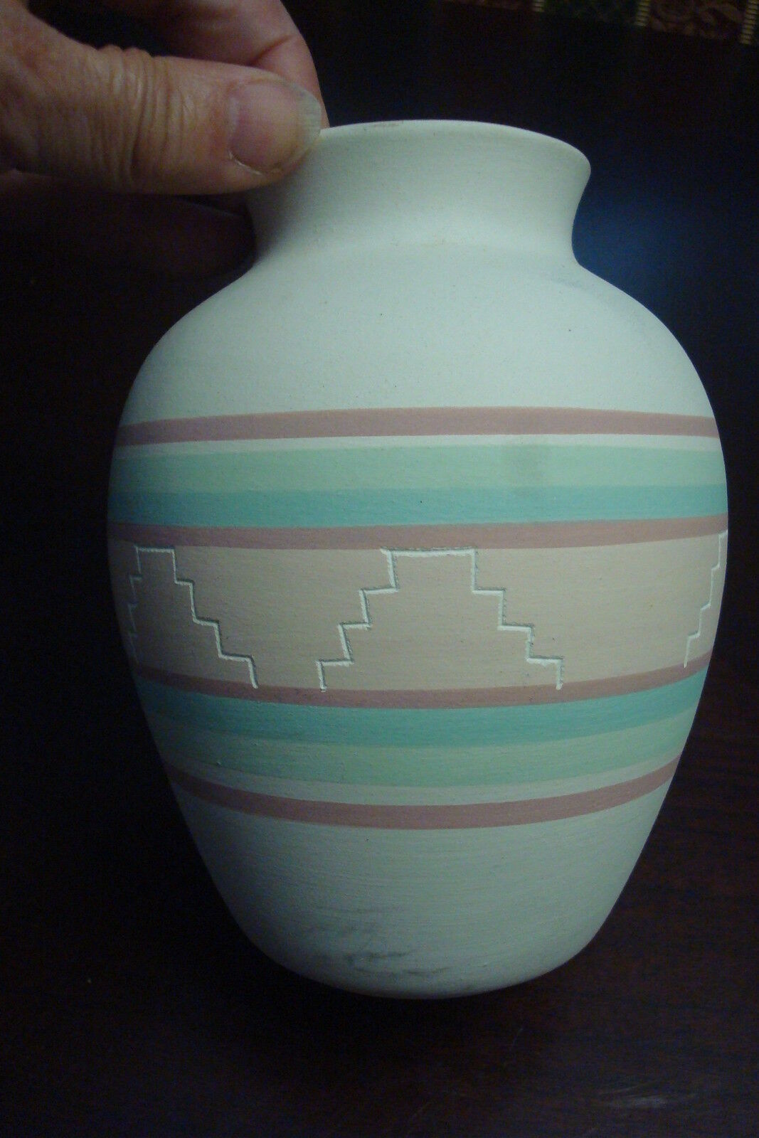 American Indian Pottery vase  unmarked, numbered 526 green, pink and cream beige