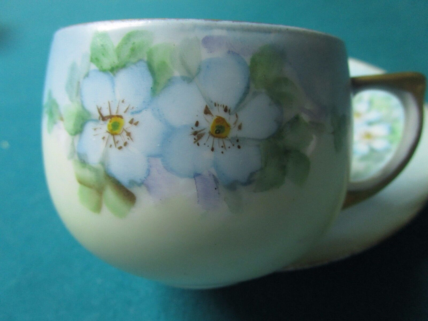 Unmarked Floral  Germany Ceramic Pink /Light Blue Cup And Saucer [95j]