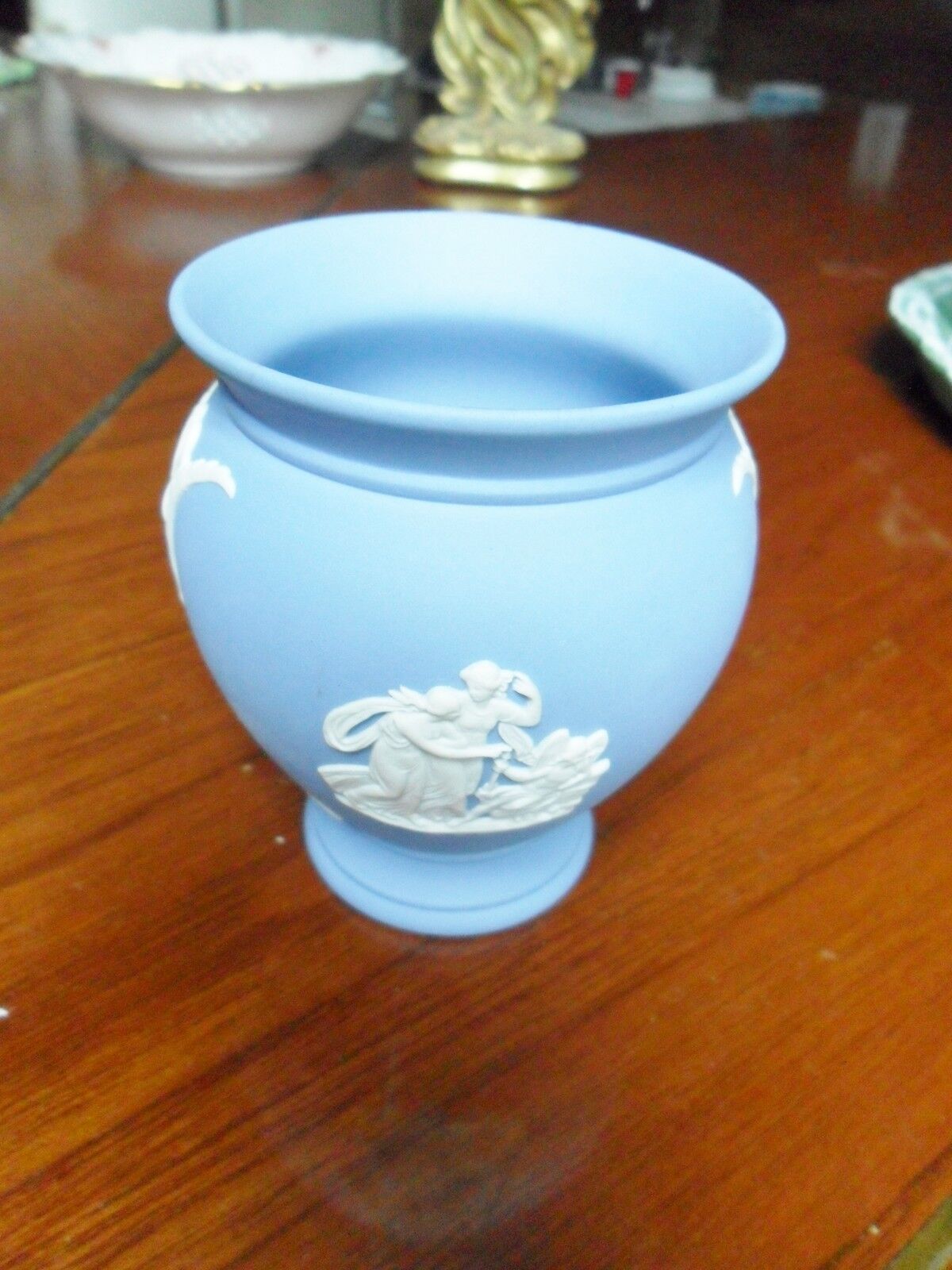 Wedgwood England blue Jasperware vase, white Greek cameo decor,  4"