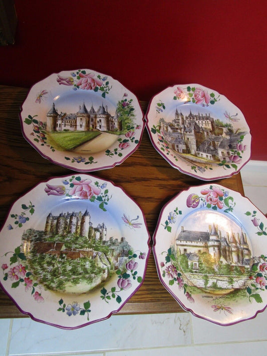 A. PEAUDECERF TOURS 1890s FRANCE ANTIQUE 4 CASTLE PLATES CERAMICHE