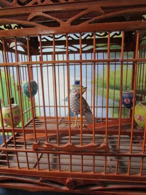 ANTIQUE CHINESE BIRD TEAK CAGE WITH CERAMIC BIRD 17 X 9 X8"