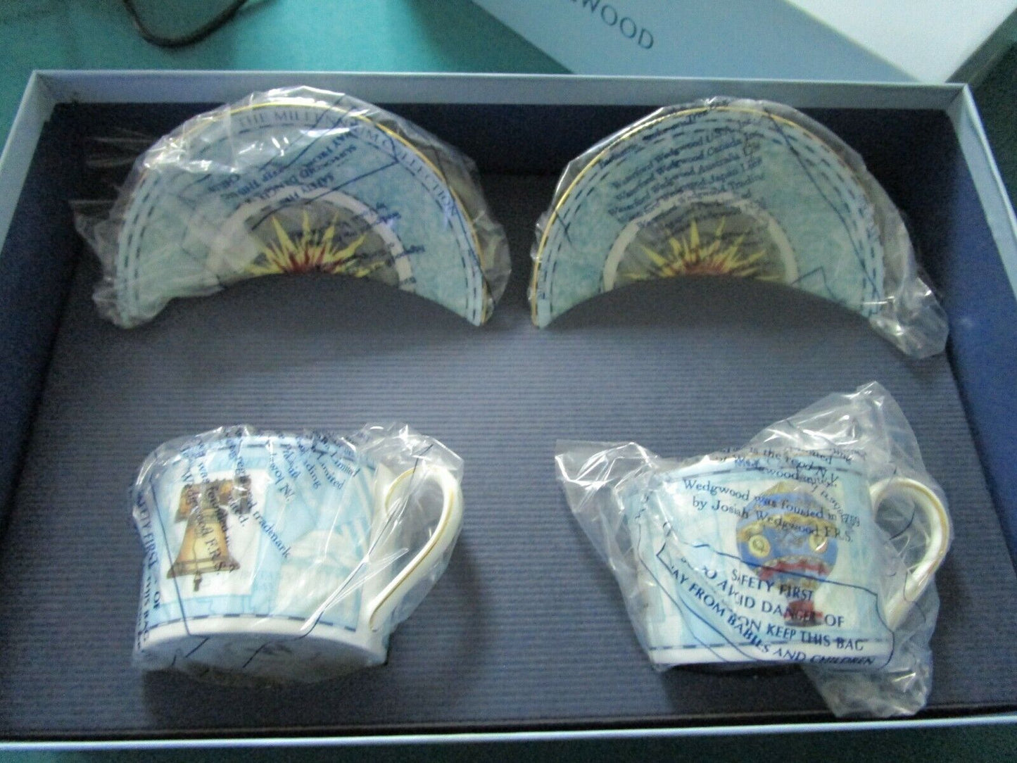 WEDGWOOD ENGLAND CELEBRATION OF MILLENIUM COFFEE CUP SAUCERS SET 4 PCS NEW