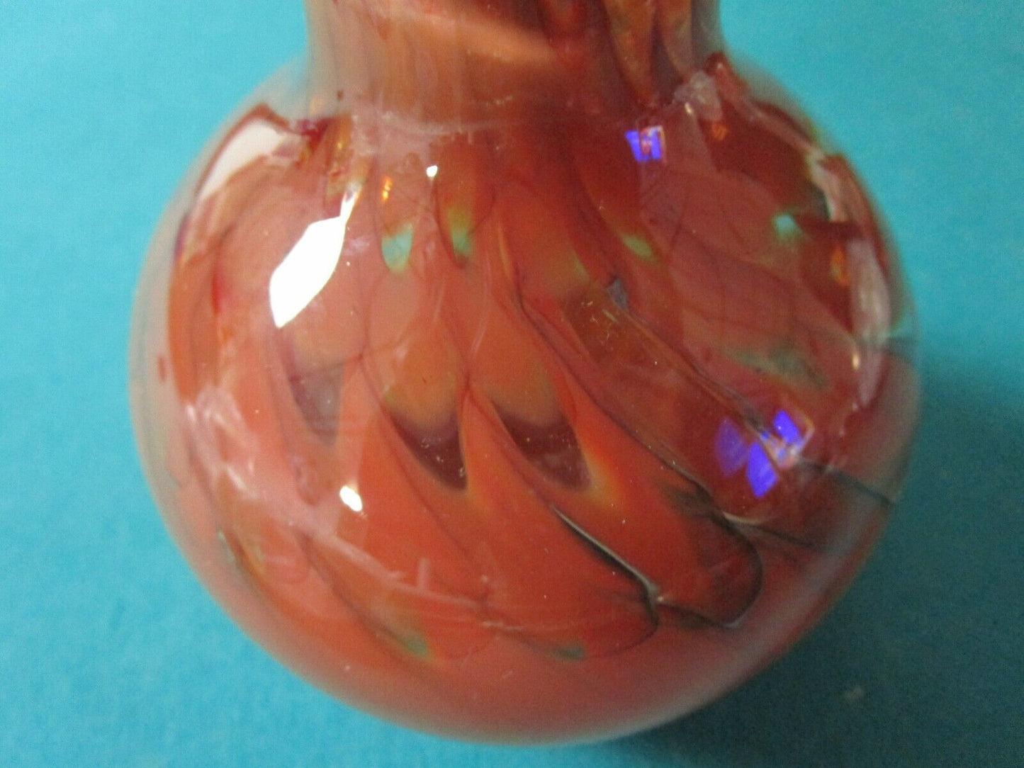 1977 Signed by Doug Sweet Hand blown Art Glass Vase Blue Brown AND DATED SPATTER