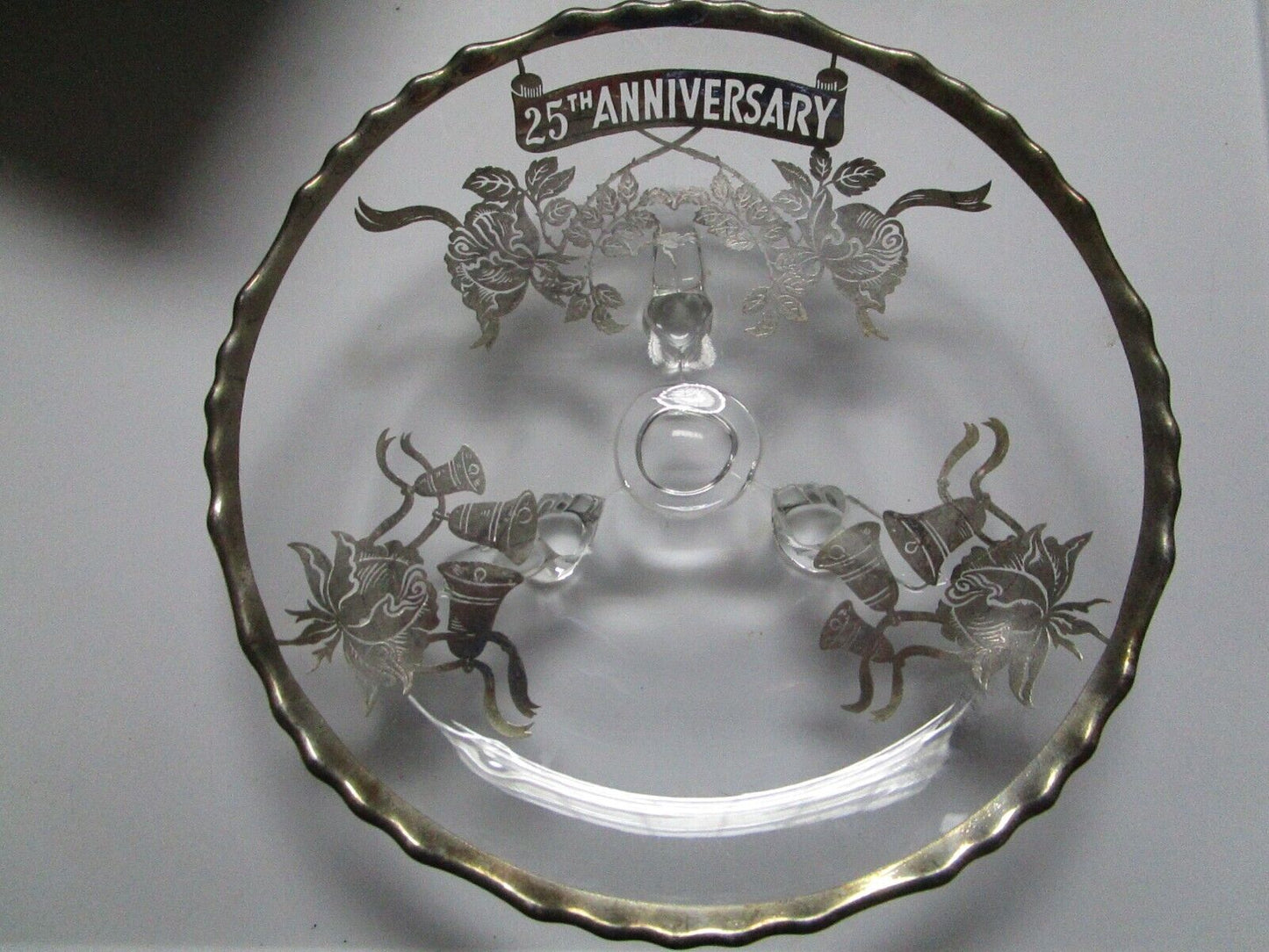 Rockwell 25th Anniversary footed dish crystal silver overlay 7 1/2"