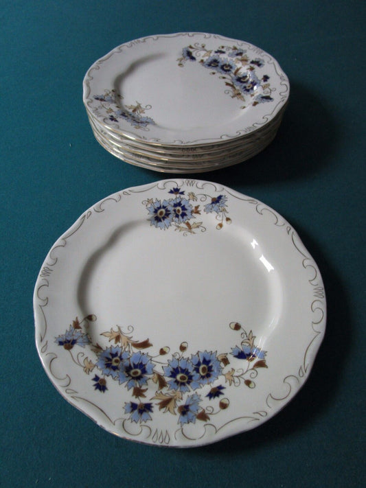 ZSOLNAY HUNGARY 6 DINNER PLATES BLUE CORNFLOWERS PATTERN 1960s